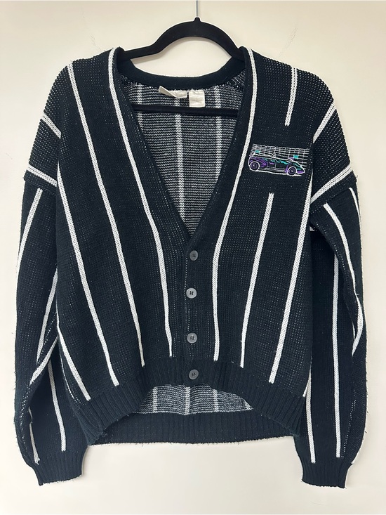 Sweaters - Vintage 90’s Black & White Stripe V-Neck Cardigan Sweater